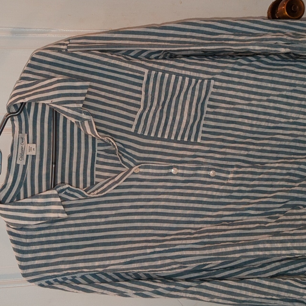 Coldwater Creek tunic, teal green and white stripes 2 x, long sleeve 73% cotton